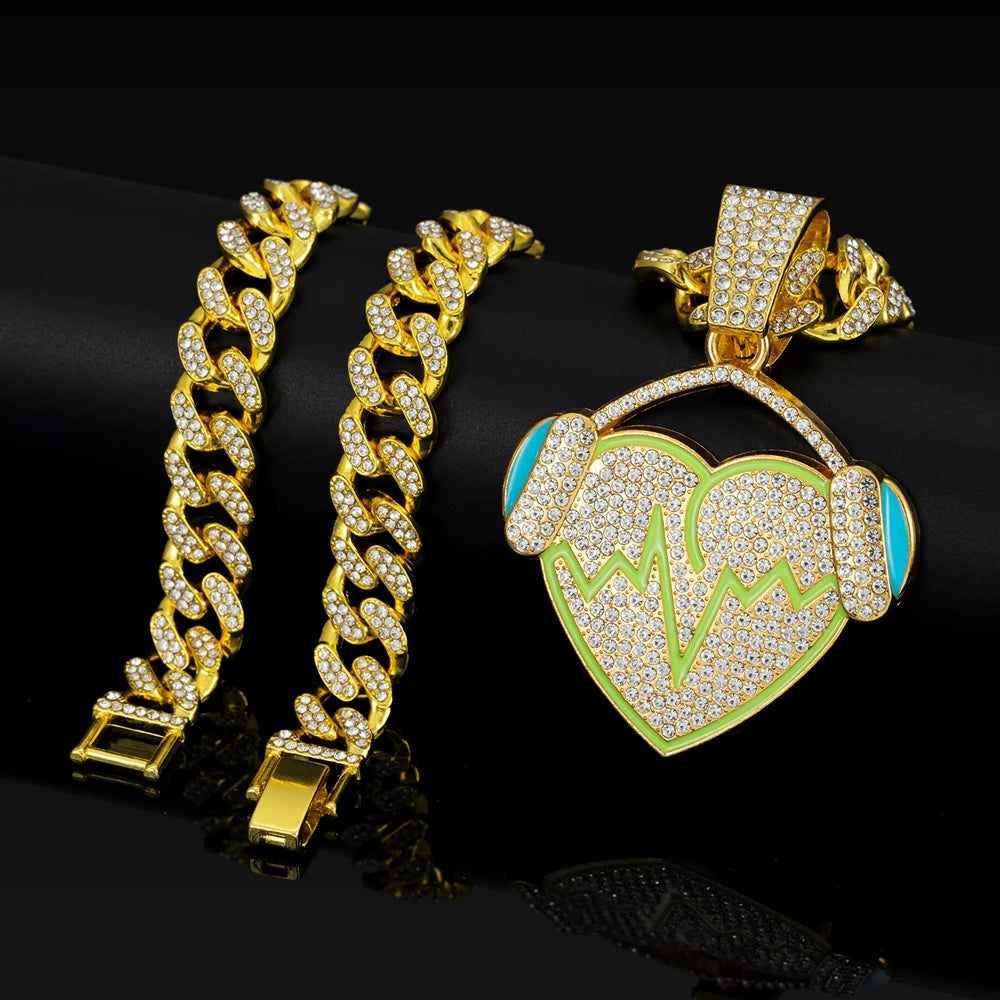 Hip Hop Full Rhinestones Cuban Chain Bling Iced Out Heart with Headphones Pendant Necklaces for Men Rapper Jewelry Drop Shipping