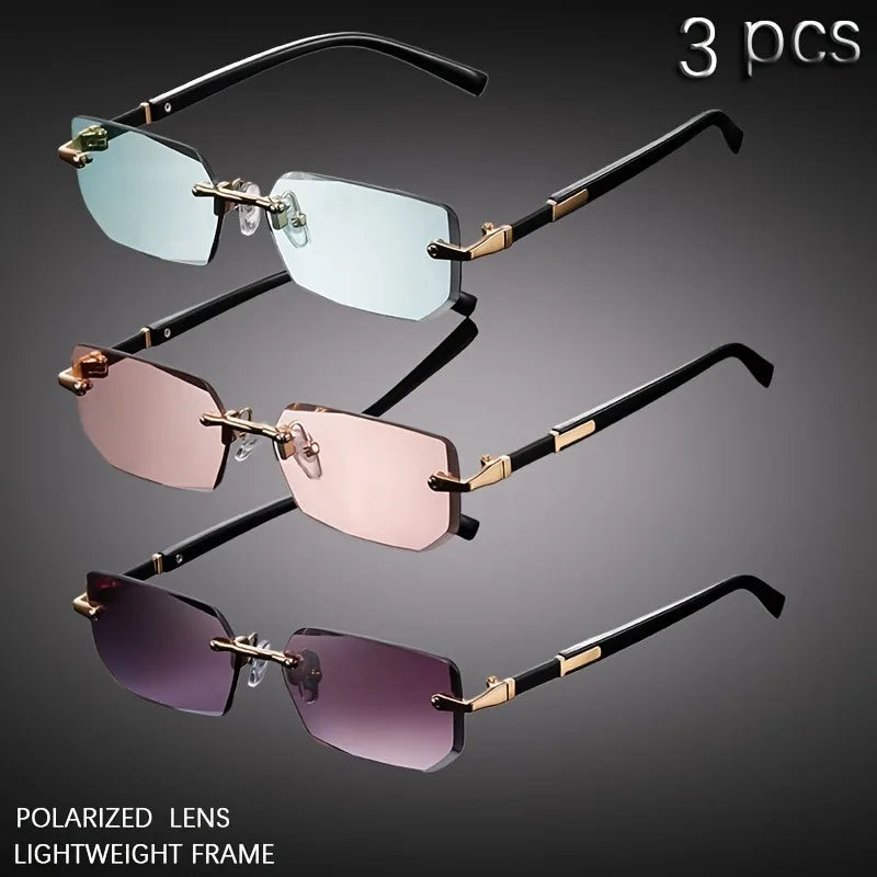 3pcs Fashion Cool Frameless Rectangular Small Frame Metal Glasses for Men, Casual Business School Party Vacation Driving