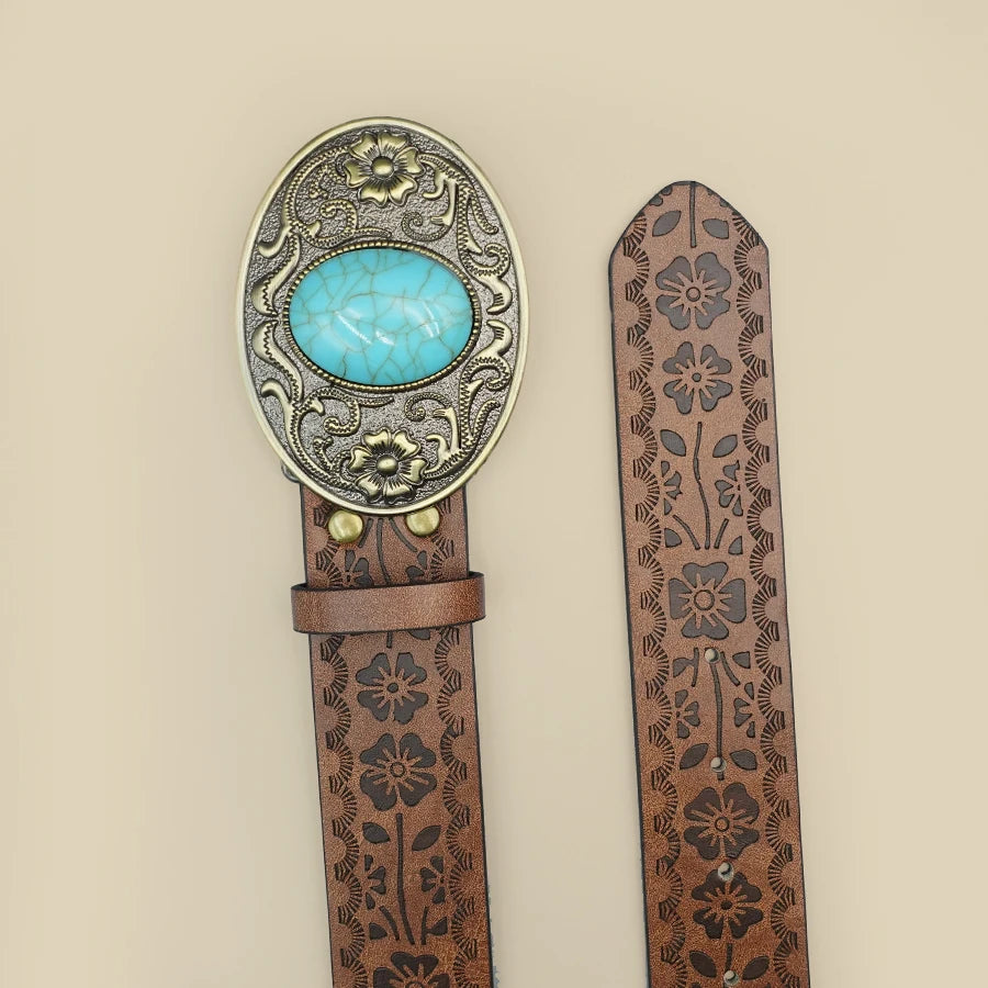 Elegant Vintage Royal Women's Belt - Floral Design with Blue Turquoise Buckle, Perfect for Daily Commute & Travel
