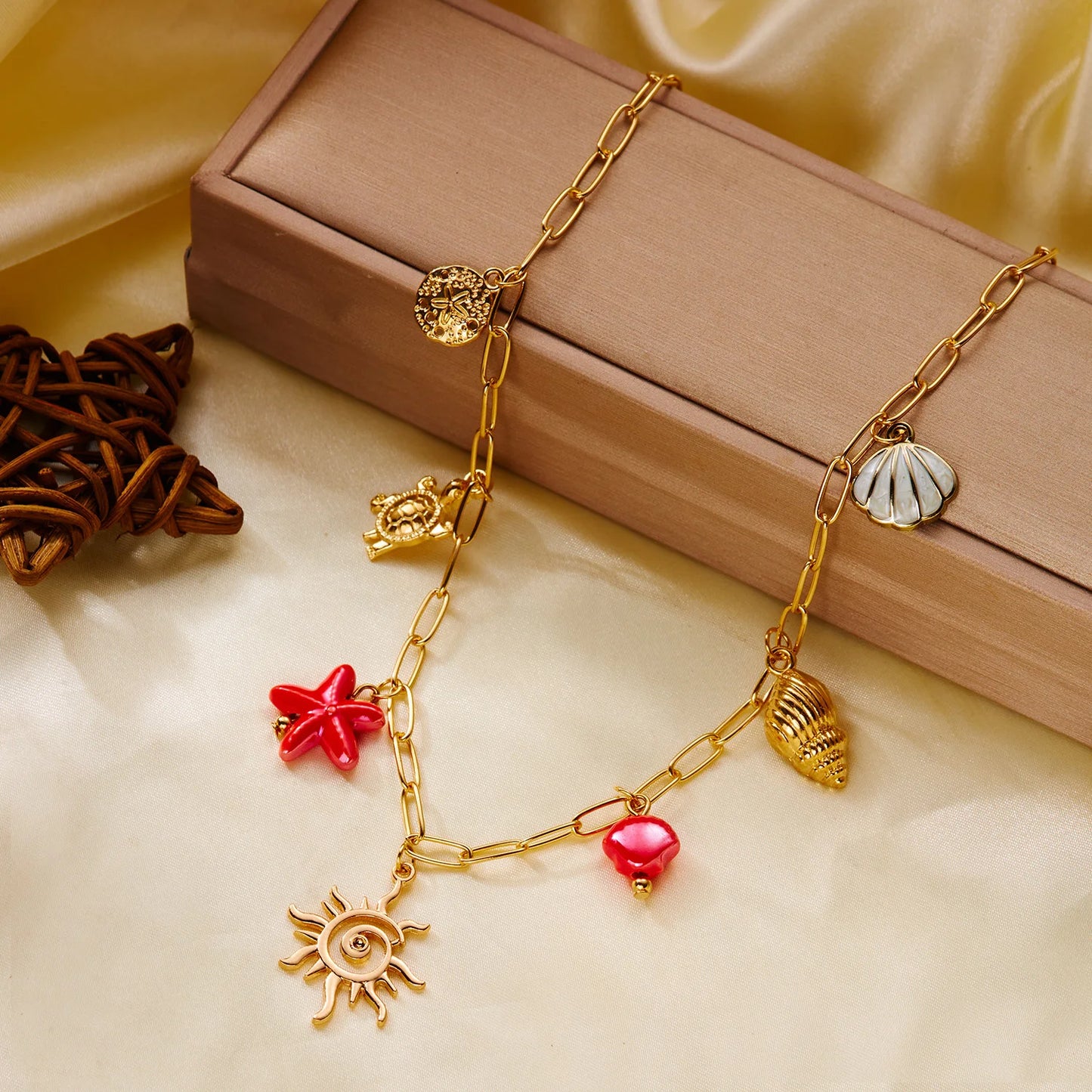 Bohemian Ocean Charm Necklace For Women Gold Tone Sun Starfish Turtle Shell Conch Summer Beach Jewelry