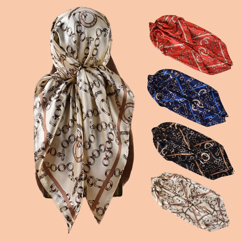 1PCS Ladies Multicolor Chain Pattern Tussah Silk Square Scarf Fashionable Wrap Headscarf for Travel Evening Party