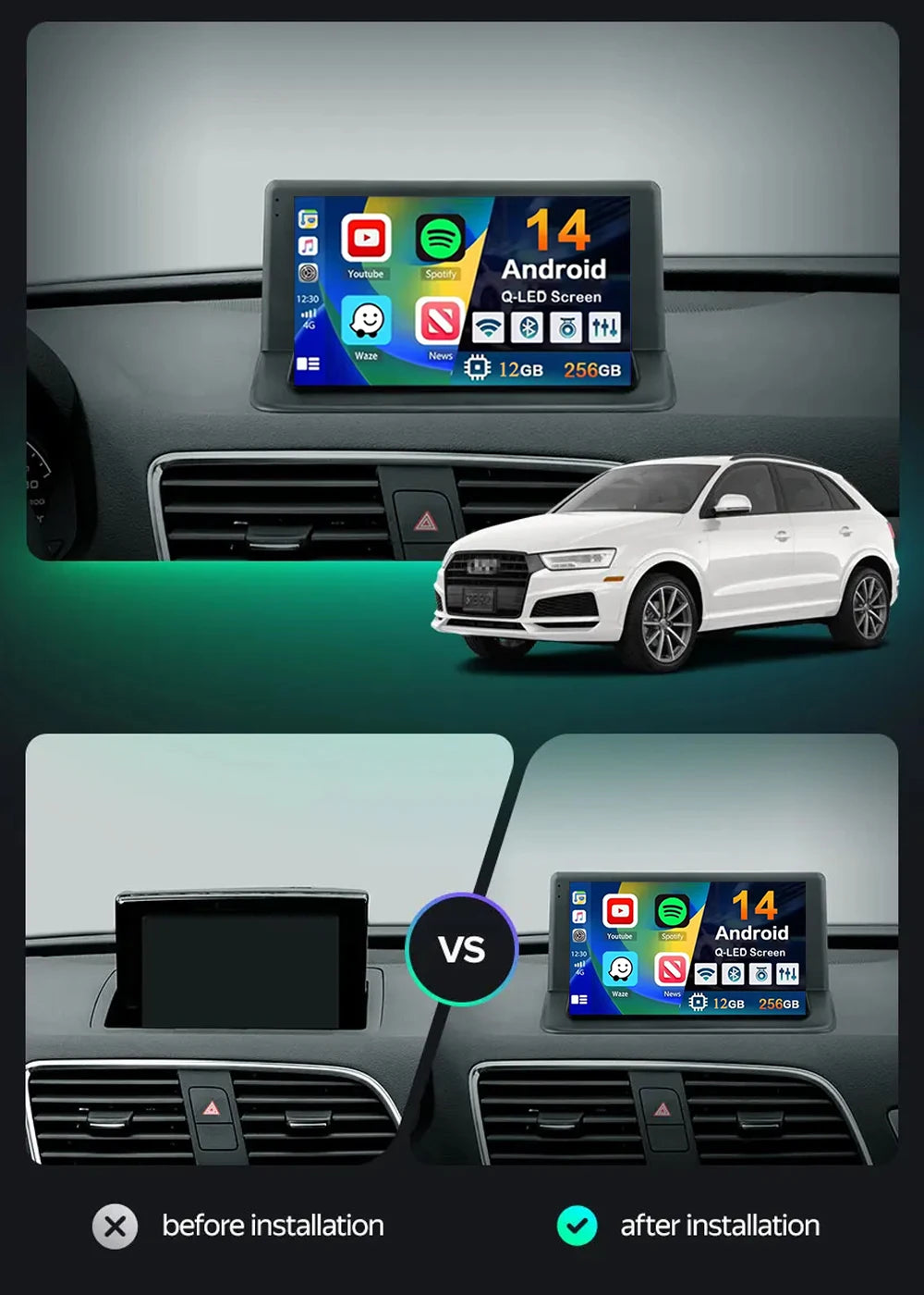 For Audi Q3 1 8U 2011 - 2018 2K 12+256 QLED Android 15 CarPlay Car Radio Multimedia Video Player GPS stereo Head Unit 4G WIFI