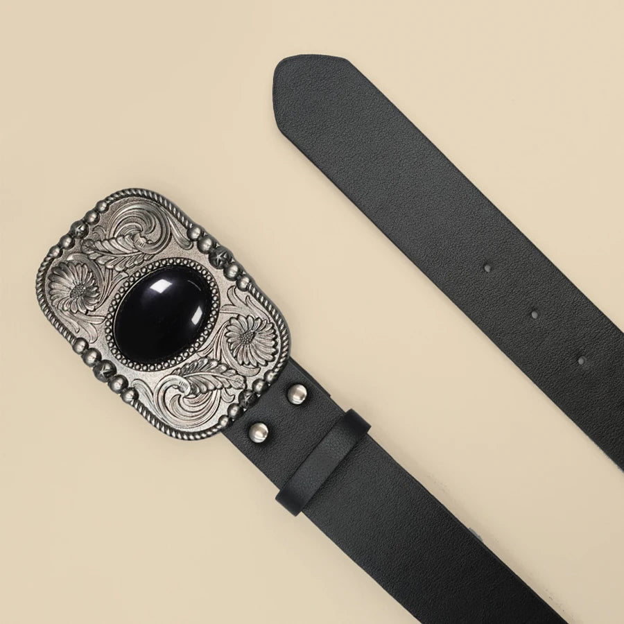 Retro Black Turquoise Inlaid Women's Belt, Western Denim Style, Niche Women's Belt, Carved Black Gemstone Belt