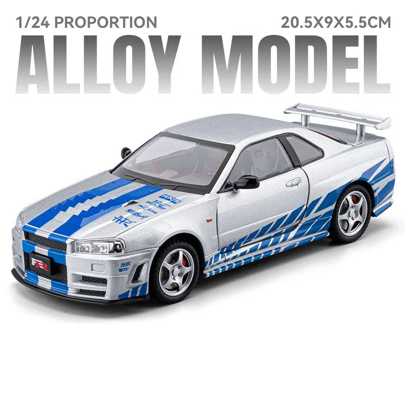 1:24 Skyline GTR R34 Car Model Alloy Diecast Toy Doors Opened Front Wheel Steering Sound Light Pull Back Cars Boys' Collectibles