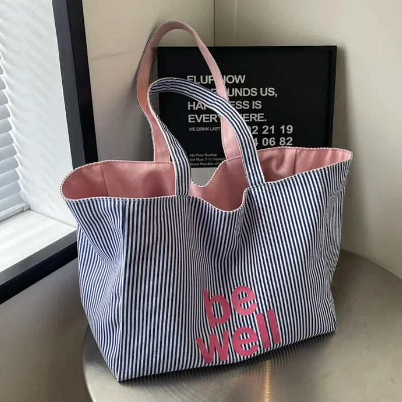 Casual Large Stripe Women's Shoulder Bag 2026 New Fashion Commuter Tote Bag High Capaci Canvas Handbag for Youth bolso mujer