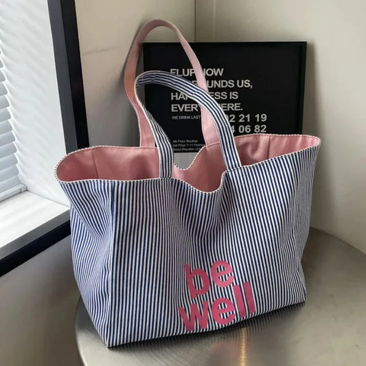 Casual Large Stripe Women's Shoulder Bag 2026 New Fashion Commuter Tote Bag High Capaci Canvas Handbag for Youth bolso mujer