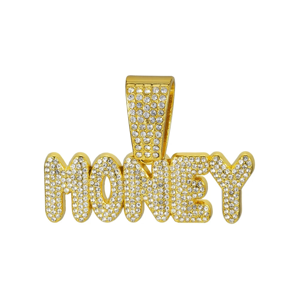 Men Women Hip Hop Bling MONEY Letters Pendant Necklace with Miami Cuban Chain Iced Out Bling HipHop Necklaces Male Charm Jewelry