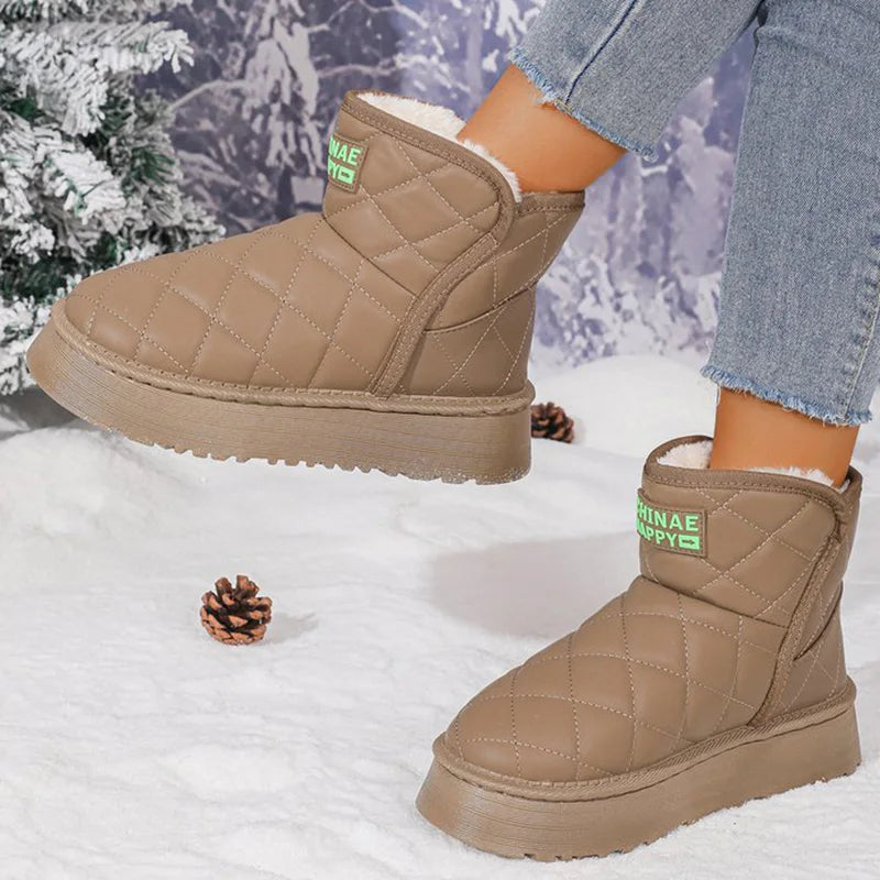 Khaki Platform Snow Boots for Women 2025 Winter New Non Slip Plush Warm Botas for Woman Korean Pu Leather Snow Boots Female