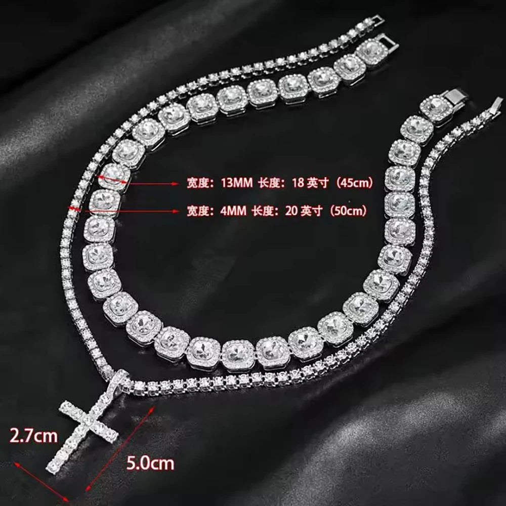 Hip Hop  Iced Out Tennis Chain Cross Necklace Men Women 2Pcs Bling Miami Cuban Chain Necklace Set Iced Out Chain Jewelry Gift