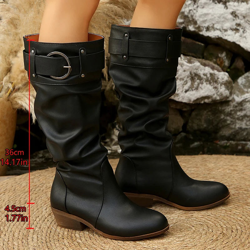 Pleated Pu Leather Knee High Boots Women Vintage Belt Buckle Thick Heel Long Boots Woman Plus Size 36-43 Slip On Western Shoes