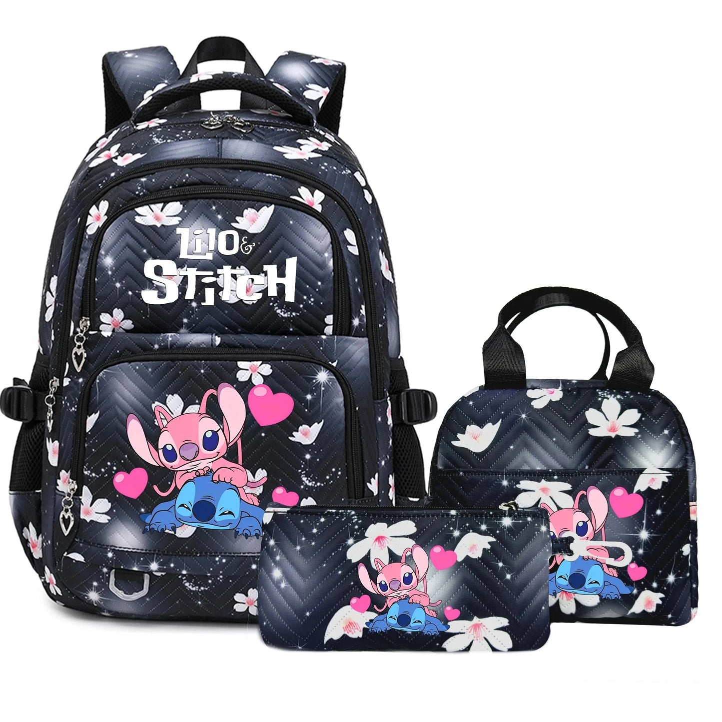 3PC Black Lilo Stitch XL Backpack Lightweight School Student Travel Lunch Bag 10