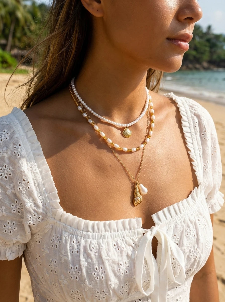 3Pcs Bohemian Conch Faux Pearl Seed Bead Choker Necklace Beach Vacation Ocean Layered Jewelry Set