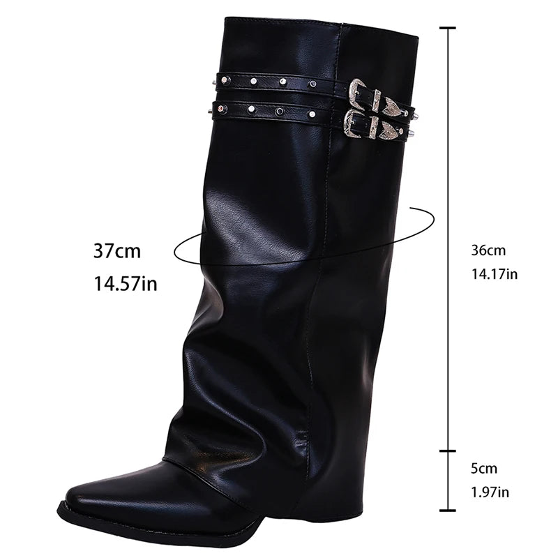 Fashion Belt Buckle Pointed Toe Knee High Boots Women Punk High Heel Black Pu Leather Botas Mujer 2026 Wide Leg Riding Boots