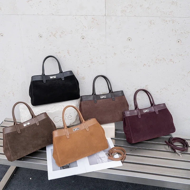 New Women's Natural Suede Leather Shoulder Bag Female Casual Soft Cowhide Durable Handbags Ladies Fashion Luxury Designer Bags