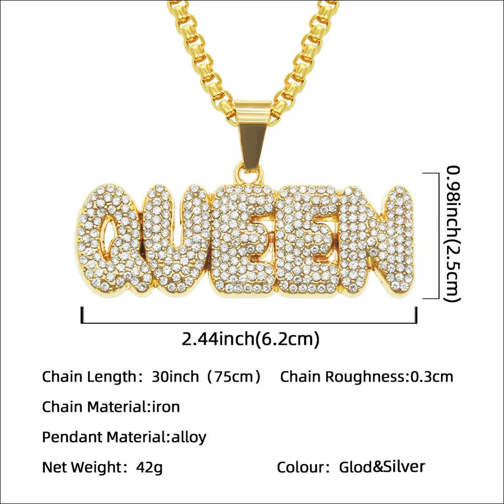 Men Hip Hop KING QUEEN Letter Pendant Necklace with 13mm Miami Cuban Chain Iced Out Bling HipHop Necklaces Fashion Women Jewelry