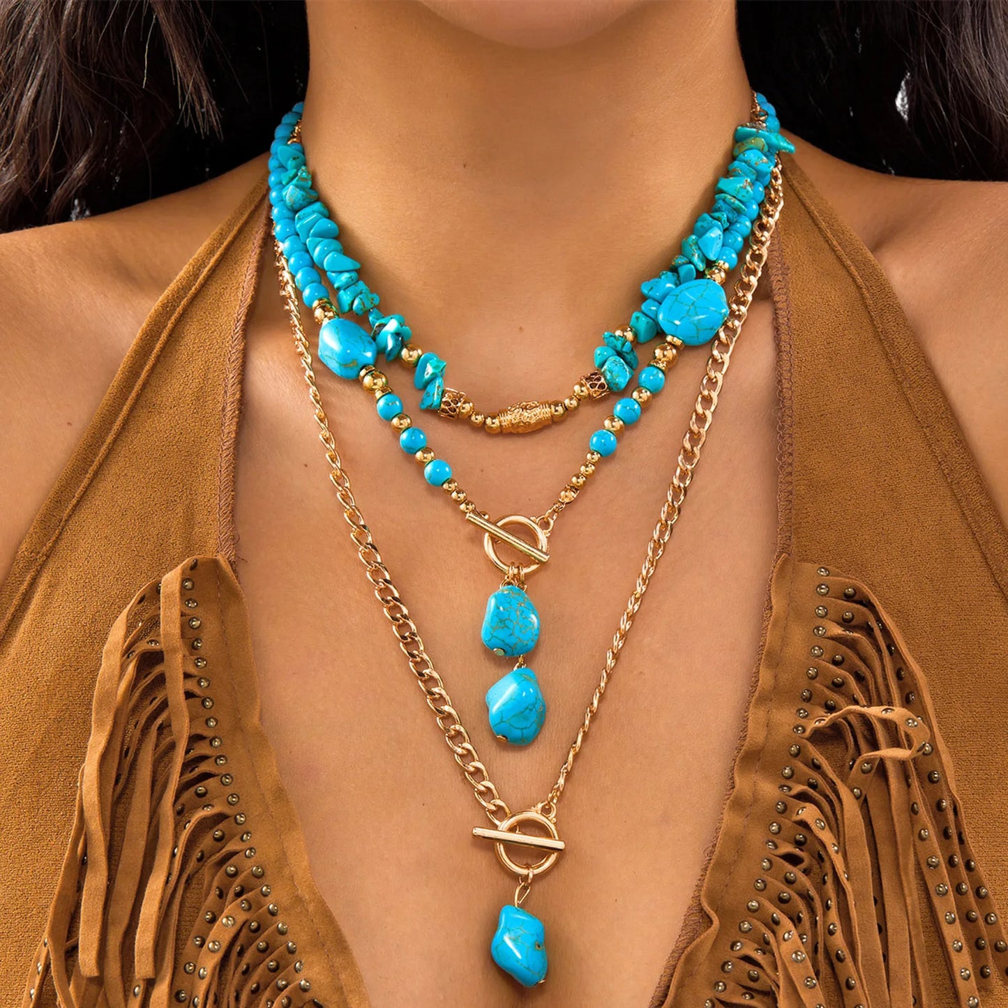 3Pcs/Set Vintage Hat Cowboy Boot Pendant Necklace for Women Bohemian Blue Stone Beads Chain Choker Daily Jewelry Y2K Accessories