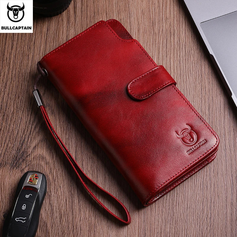 BULLCAPTAIN Men's Genuine Leather Wallet RFID Function Can Place 6.5-inch Mobile Handbag High Quality Multi Card Long Wallet