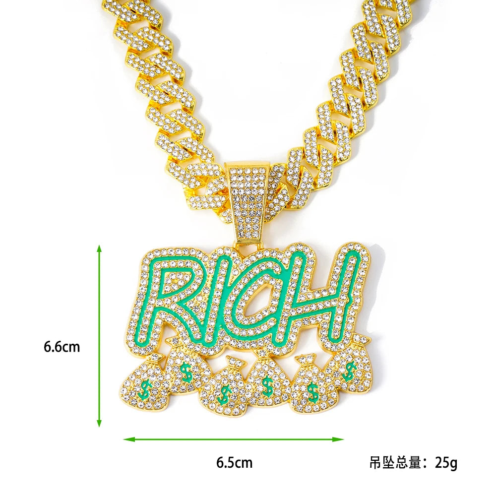 Hip Hop Men Become Rich Money Bag Letter Pendant Necklace With 14mm Miam Iced Out Trendy Dollar Cuban Link Chain Necklaces Gift
