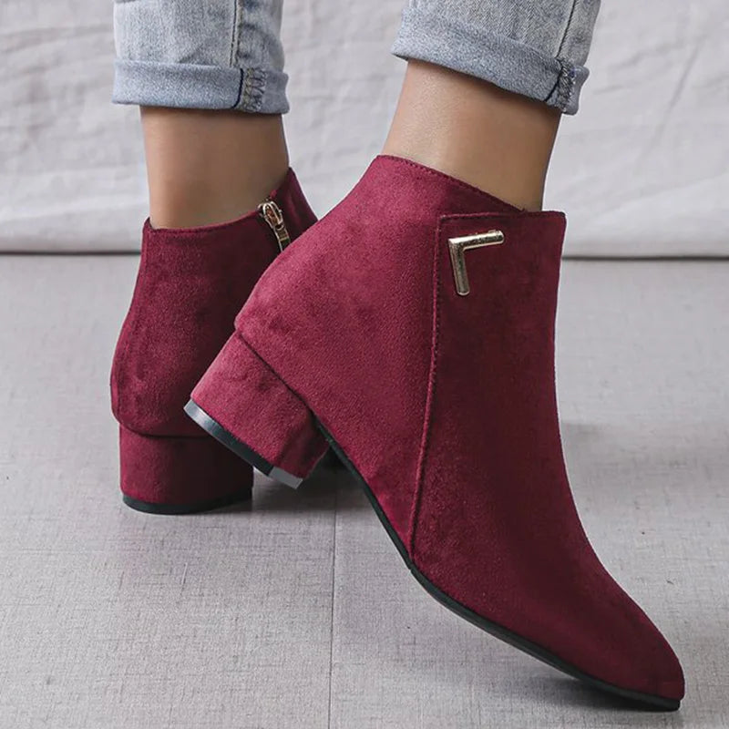 Burgundy Faux Suede Ankle Boots Women Spring Autumn 2025 Classic Metal Decoration Boots Woman Zipper Pointed Toe Botas Mujer