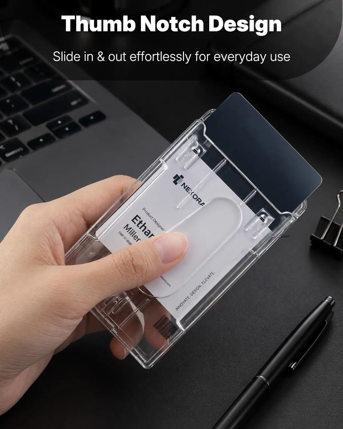 2 Pack Vertical 2-Card Rigid PC Badge Holders, Transparent ID Card Case with Thumb Slot, Easy Remove for Office School Access ID