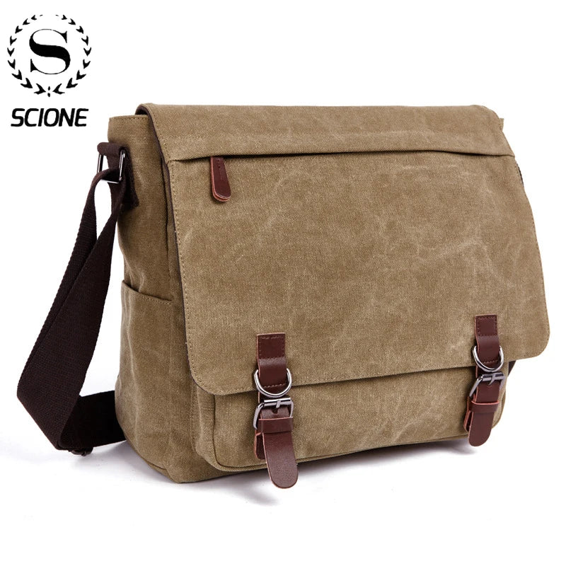 Khaki Men Canvas Messenger Bag, Business Travel Shoulder Bag, PC Crossbody Bags