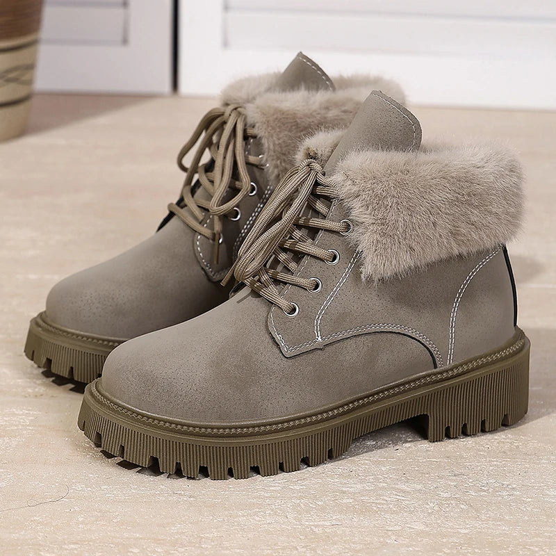 Faux Fur Lace-Up Ankle Boots for Women Autumn Winter Warm Plush Short Boots Woman Comfortable Anti Slip Cotton Padded Shoes 42