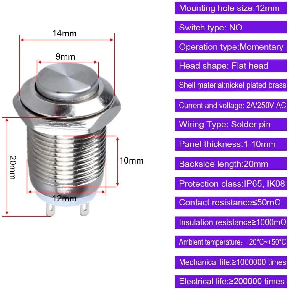 6/12pcs 12mm Momentary Push Button Switch 12V Waterproof Power Pushbutton Small Round Chrome Stainless Metal 2pin N/O