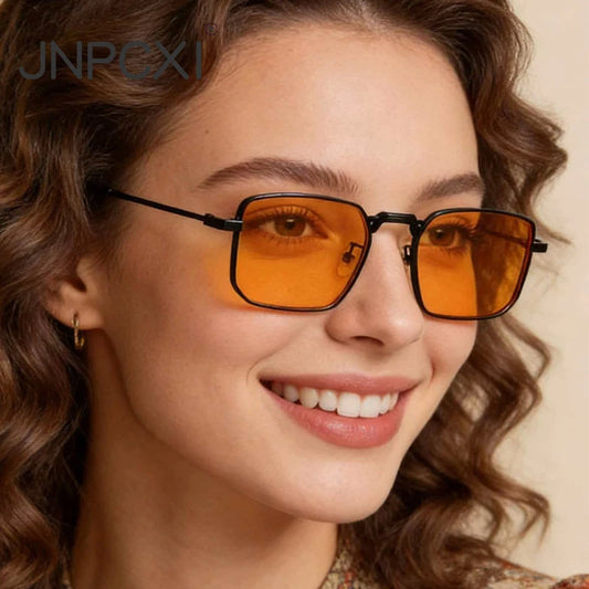 JNPCXI New Square Metal Sunglasses Women Fashion Clear Black Orange Ocean Lens Shades UV400 Men Punk Sun Glasses