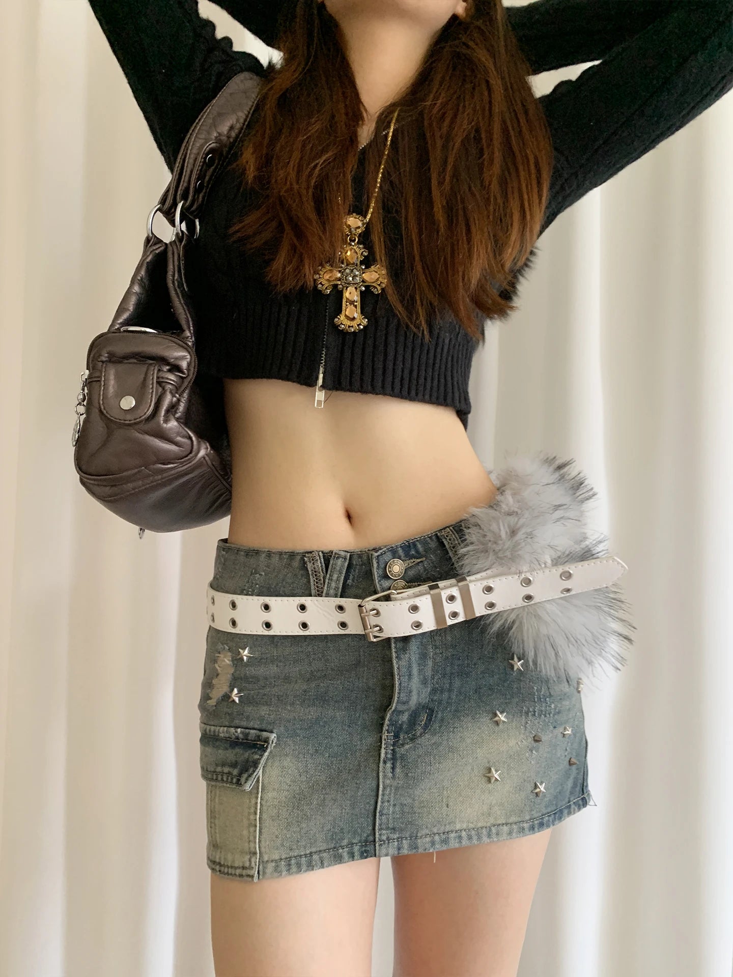 Retro Punk Style Y2k Fivet-Free Furry Patchwork Belt For Women Niche Subculture Spicy Girl Style Belt