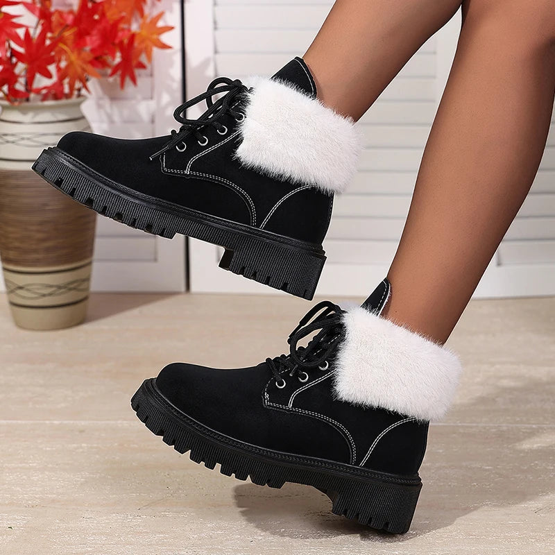 Faux Fur Lace-Up Ankle Boots for Women Autumn Winter Warm Plush Short Boots Woman Comfortable Anti Slip Cotton Padded Shoes 42