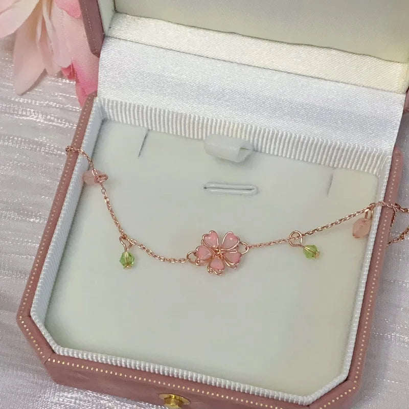 Korean Sweet Cherry Blossom Zircon Pendant Necklace Luxury Crystal Flower Clavicle Chain Necklace for Women Wedding Jewelry Gift