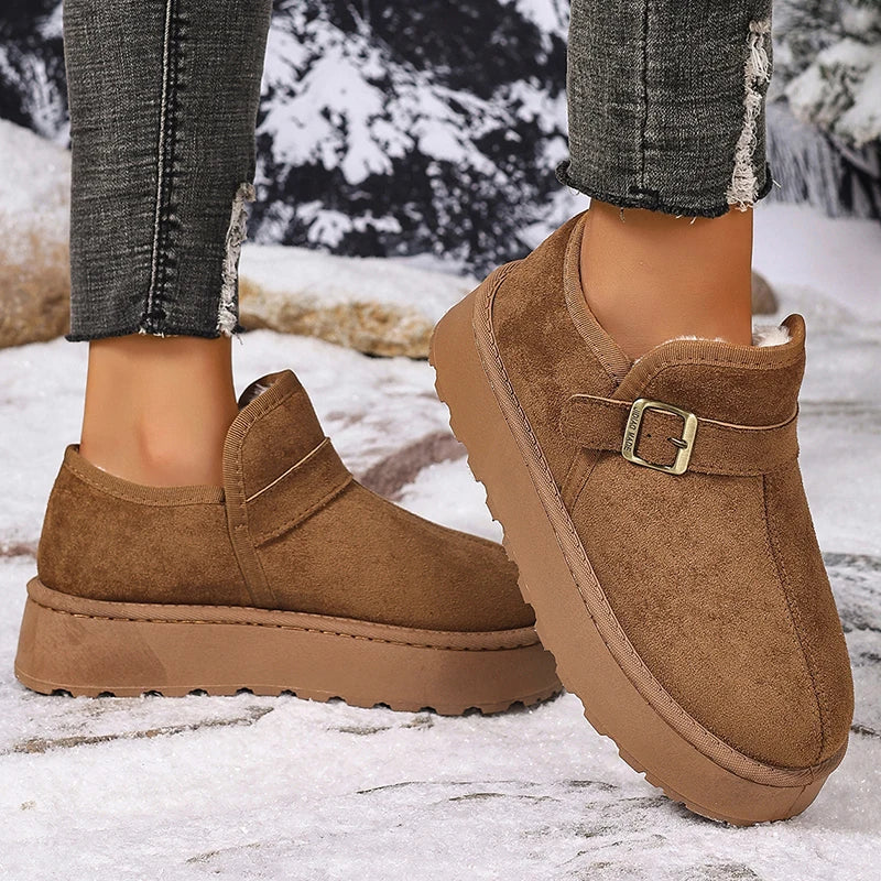 Buckle Decor Thick Bottom Winter Ankle Boots Women 2025 Faux Suede Platform Snow Boots Woman Slip On Short Plush Cotton Shoes