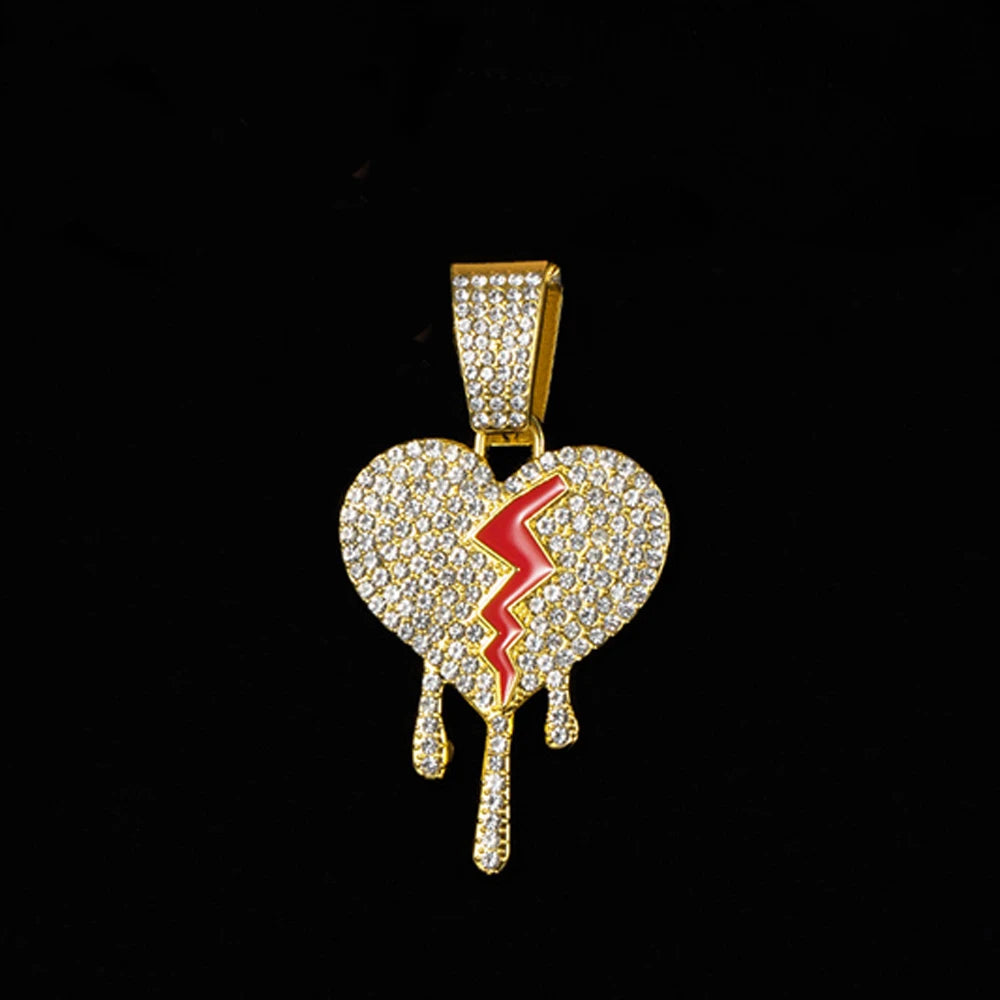 Hip Hop Iced Out Broken Heart Pendants Necklace with Miami Cuban Link Chain Heartbreak Necklaces Men Women Rapper Charm Jewelry