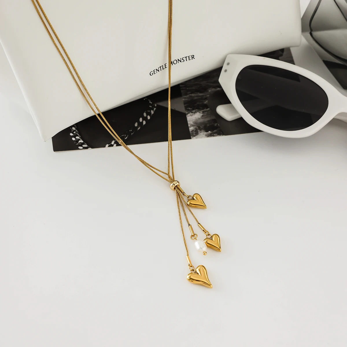 Uworld Minimalist Classic 18K Gold Color Plated Stainless Steel Freshwater Pearl Heart Pendant Necklace Y-shaped Chain Women's J