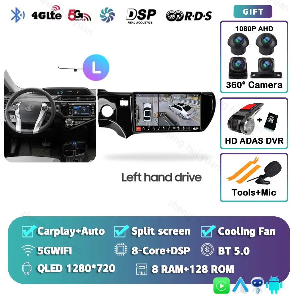 Android 15 CarPlay Auto For Toyota Aqua LHD RHD 2011 - 2017 Car Radio Multimedia navigation video DVD Autoradio Stereo 2din 4G