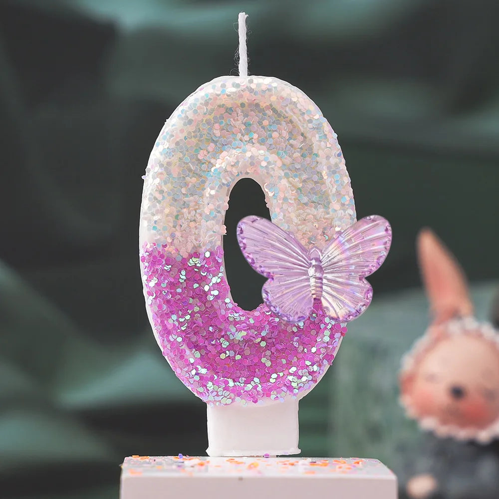 Creative 0-9 Numbers And Letters Birthday Cake Candle, DIY Party Decoration Candle With Purple Butterfly Design And Glitter