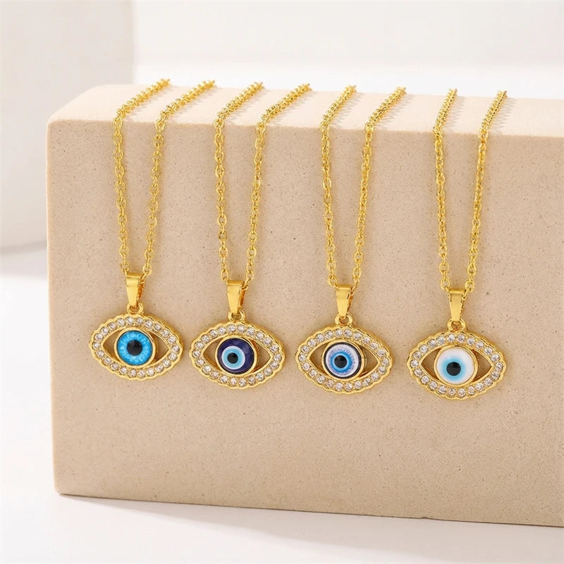 Minimalist Dainty Zircon Evil Eye Necklace for Women Gold Plated Stainless Steel Chain Blue Eye Pendant Daily Wear Jewelry Gift
