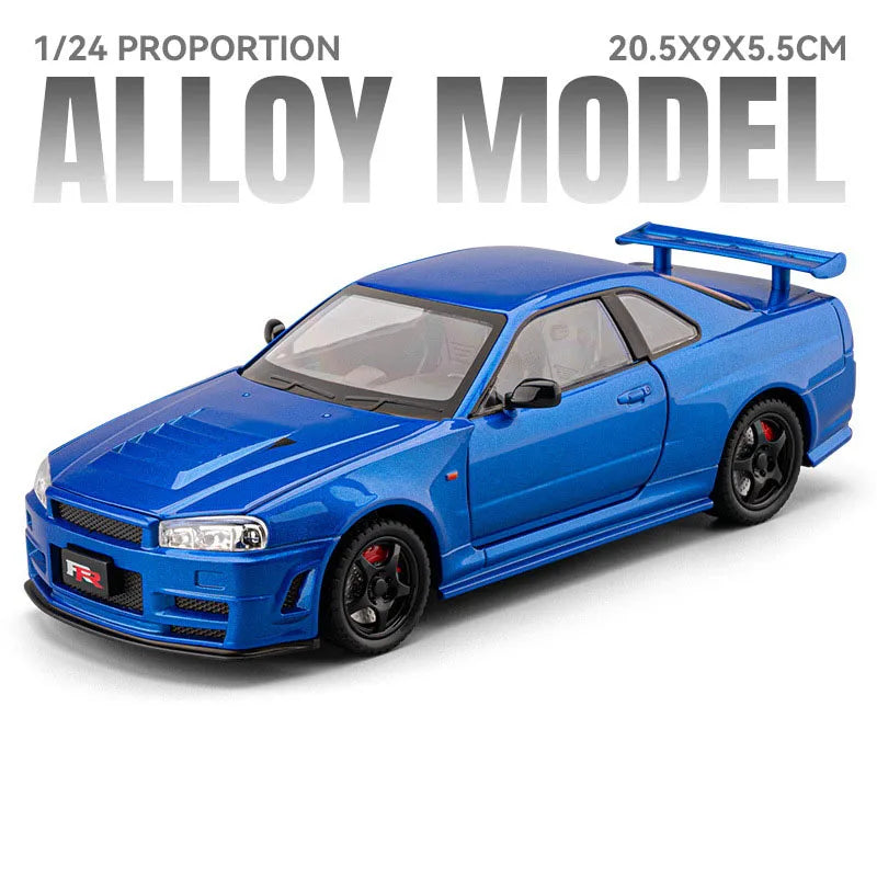 1:24 GTR-R34 SKYLINE Diecast Alloy Models Toys Car with Pull Back Doors Opened rubber tires Miniature Sportscar Collecting Hobby