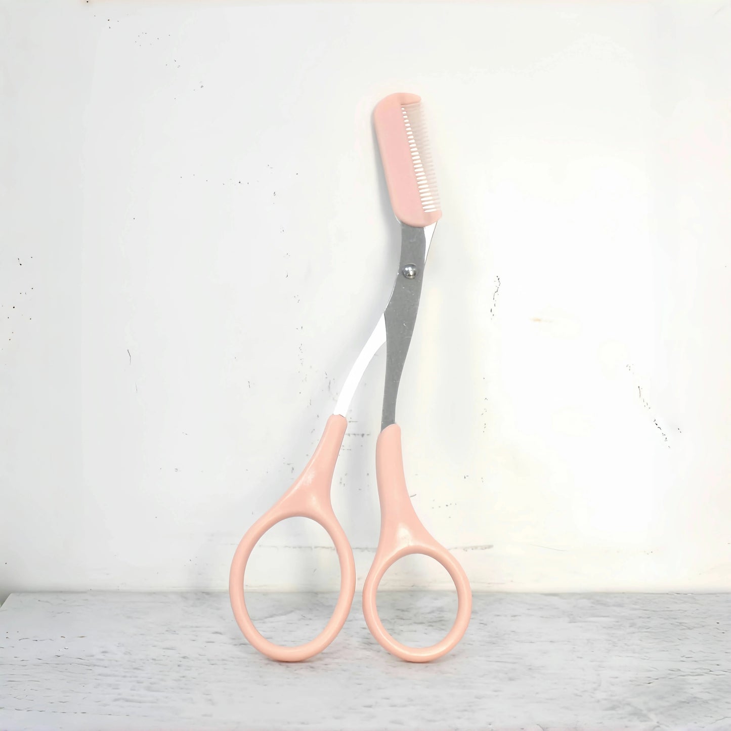 Pink eyebrow trimming scissors w/ built-in comb, precise grooming tool
