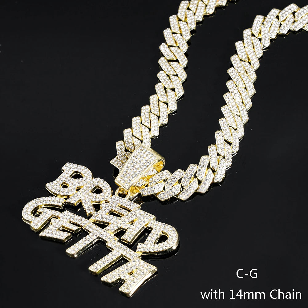 Men Hip Hop BREAD GETTA Letter Pendant Necklace with Cuban Chain Iced out Bling Tennis Chain Necklaces For Rapper Cool Jewelry