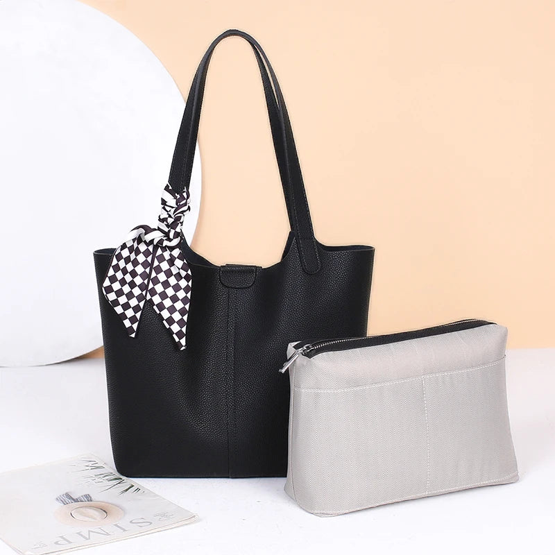Genuine Cowhide Leather Tote Bag for Women Pebbled Leather Shoulder Bag with Removable Pouch&Silk Scarf Luxury Designer Handbag