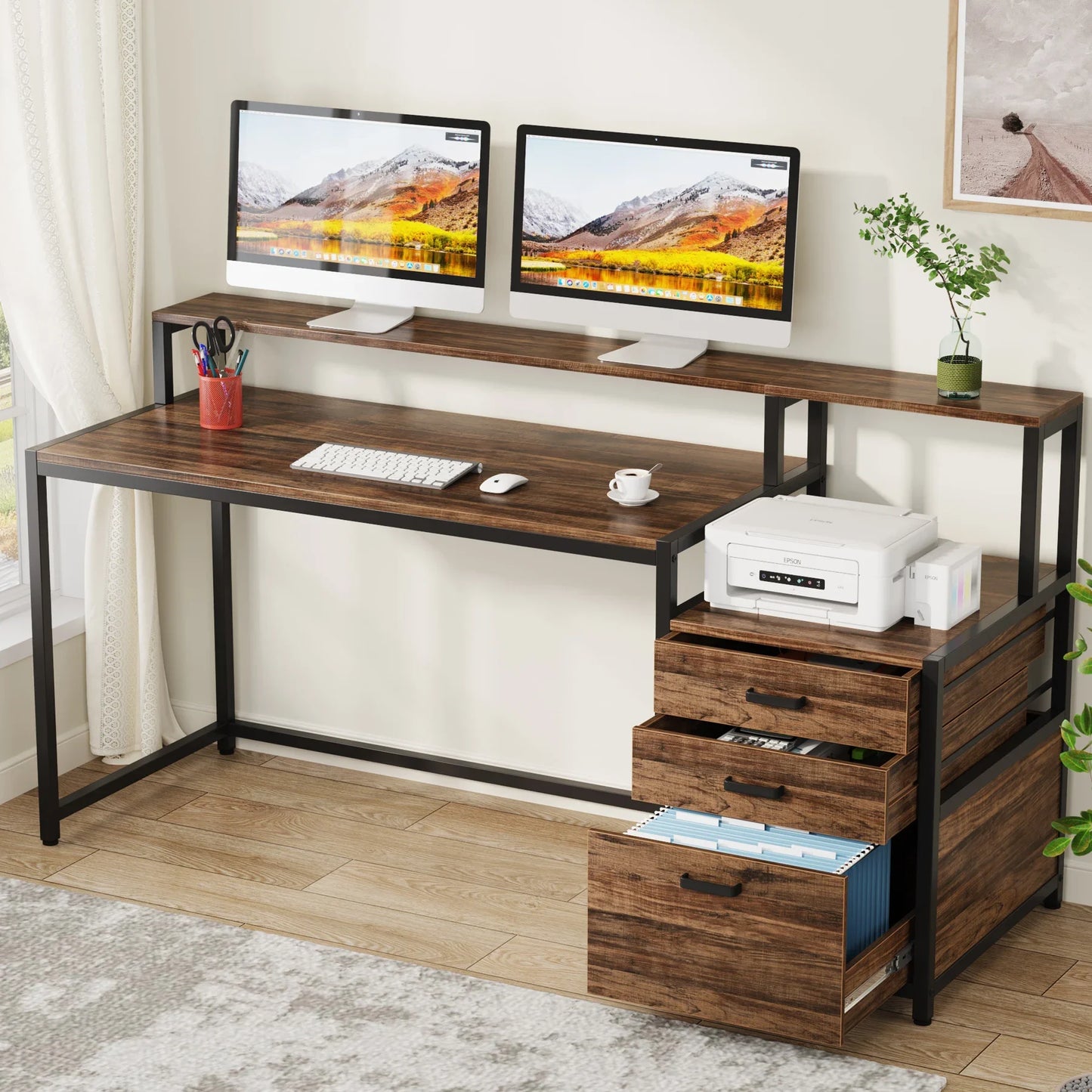 Tribesigns 63" Computer Desk with File Drawer Cabinet, Ergonomic Monitor Stand