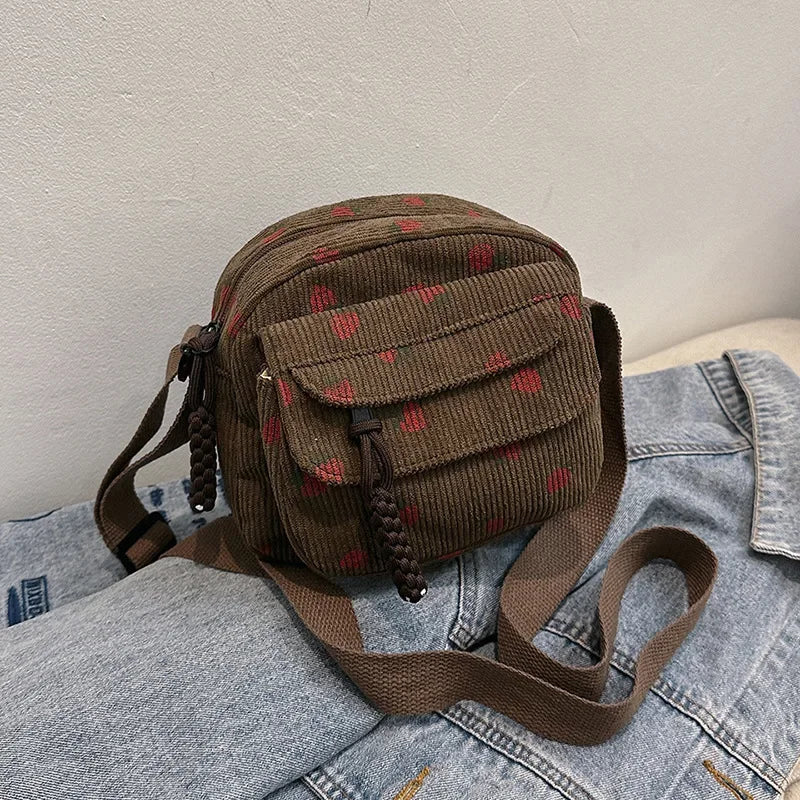 Korean Harajuku Shoulder Bag for Women Strawberry Pattern Trendy Crossbody Bag Corduroy Handbag Casual Multi-pocket Student Bag