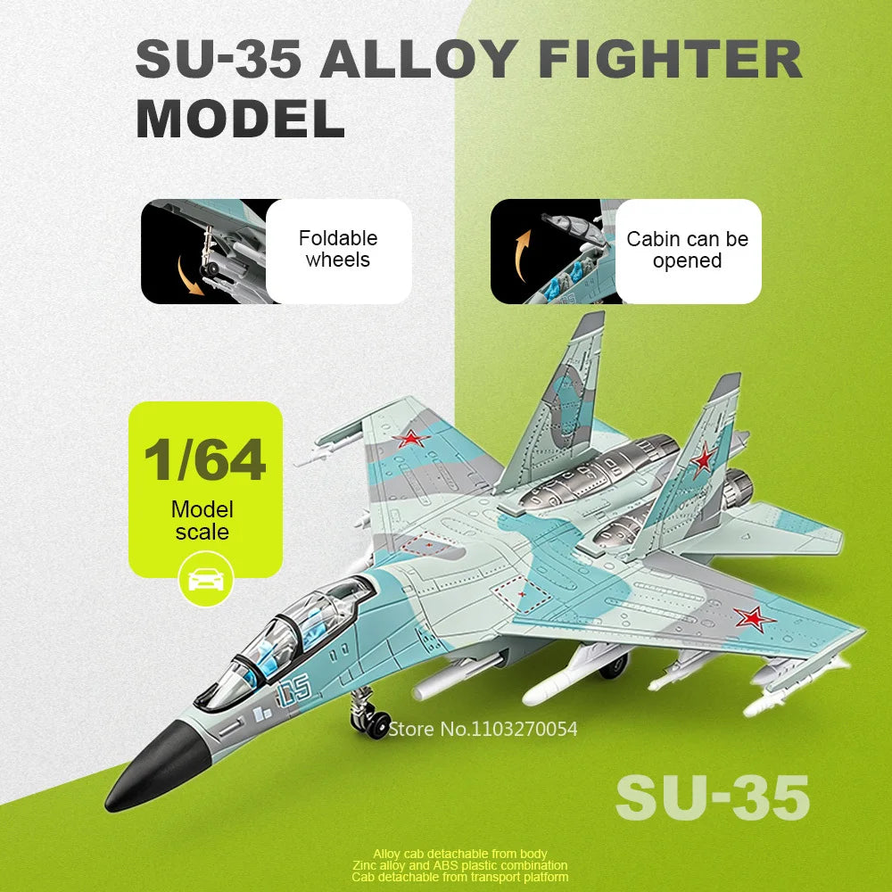 1:64 Su-35 Alloy Fighter Model Diecast Toys Car with Sound Light Pull Back Catapult Missile Airplane Fun Gifts for Boys Ornament