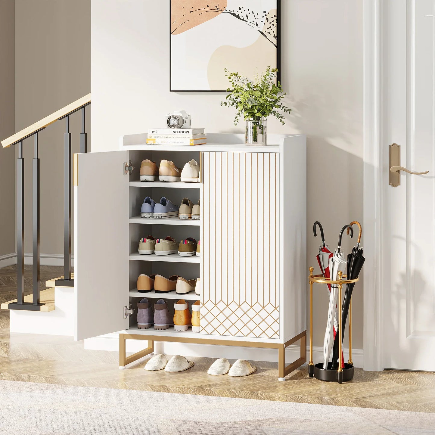Tribesigns White Shoe Cabinets with Doors, 5-Tier Shoe Rack Wood Storage Cabinet