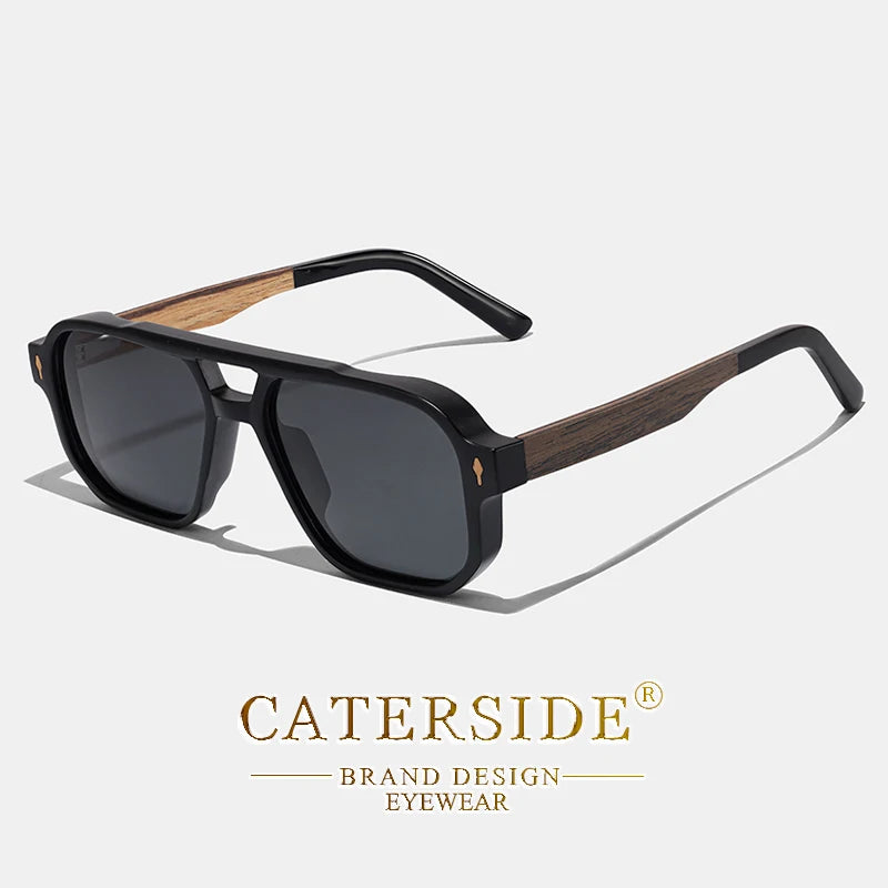 CATERSIDE Men's Polarized Pilot Sunglasses UV400 Premium Tr Frame & Wood Temple Retro Square Sun Glasses for Driving Fishing