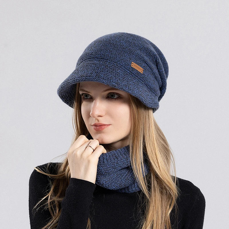 Xinbaoguan 100% Acrylic 8416 Winter Warm and Fleece Cold Protection Set for Women with brimmed Ear Protection Knitted Wool Hat