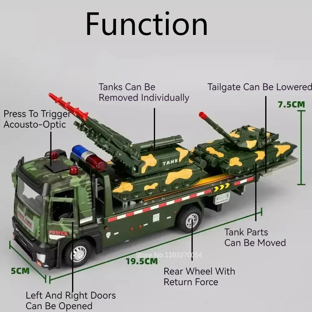 1:32 Military Tank Flatbed Trailer Model Toys Car Alloy Diecast Transport Vehicle Sound Light Pull Back Door Opened Toy Kid Gift
