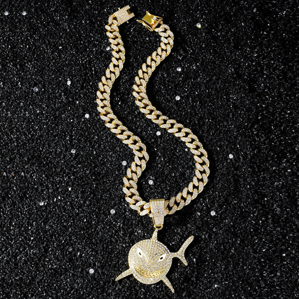Big Size Shark Pendant Necklace For Men Hip Hop Bling Jewelry With 13mm Iced Out Rhinestone Miami Cuban Chain Fashion Jewelry
