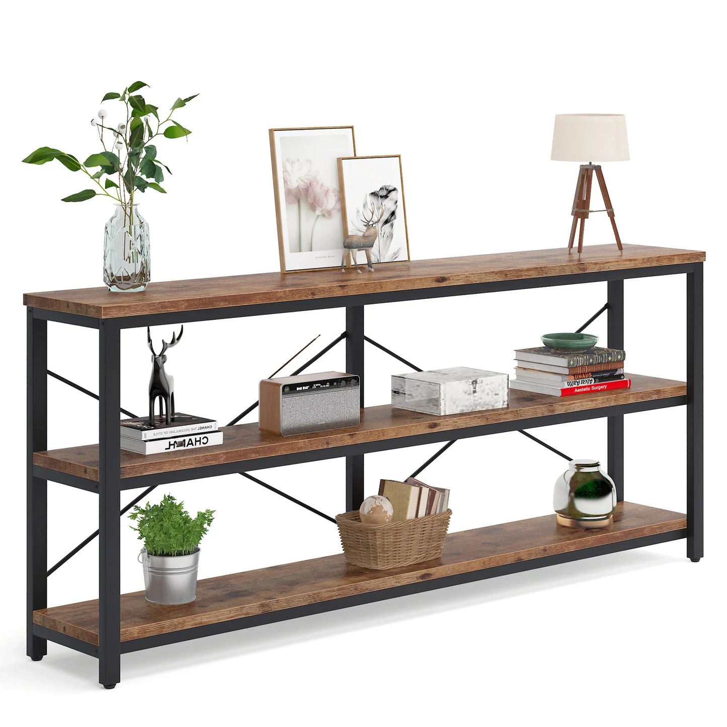 Tribesign 3Tier Console Table, 70.9" Sofa Table Long Narrow Entryway Metal Frame